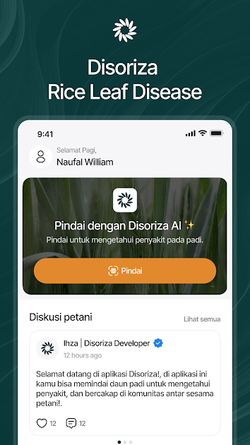 Disoriza's published app screenshot showing rice disease scanning and community posts